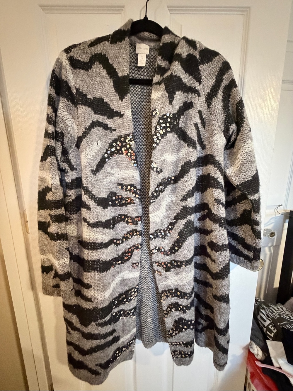 Chico’s Size 3 Zebra Sequin Wool Mohair Long Cardigan Sweater